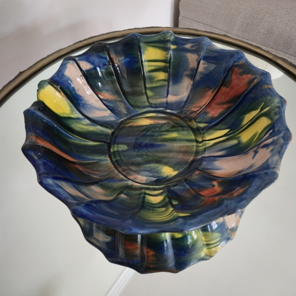 Vintage Oaxacan Dripware Scalloped Ceramic Bowl - Blue, Orange, Yellow - Picture 3 of 7